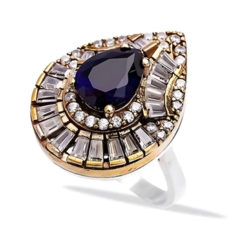 Srebrny pierścień szafirowa łezka z podłużnymi cyrkoniami