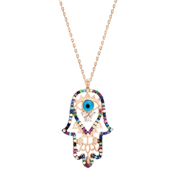 Kolorowy srebrny naszyjnik hamsa - różowe złoto
