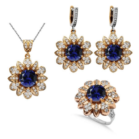 Komplet srebrny w kształcie kwiatu z szafirami i cyrkoniami