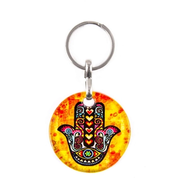 Okrągły szklany brelok do kluczy Hamsa