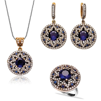 Masywny, gwieździsty srebrny komplet z szafirami