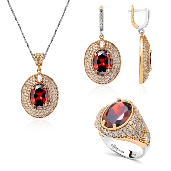 Komplet srebrny z owalnym granatem w stylu ottomańskim