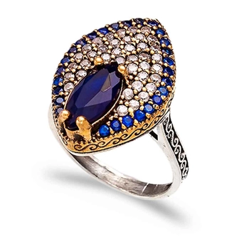 Pierścień - bogato zdobiony cyrkoniami i szafirem