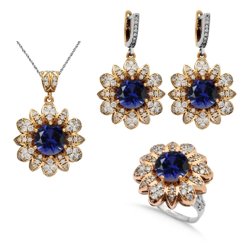 Komplet srebrny w kształcie kwiatu z szafirami i cyrkoniami