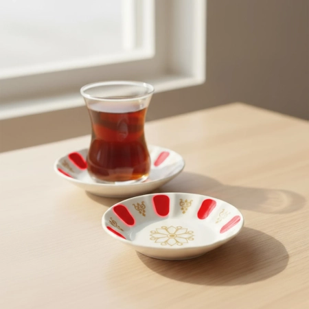Porcelanowa podstawka pod filiżankę - biało-czerwona ze złotym wzorem 11 cm