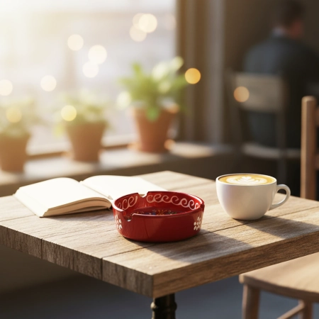 Popielniczka ceramiczna czerwona z kwiatowym wzorem - handmade