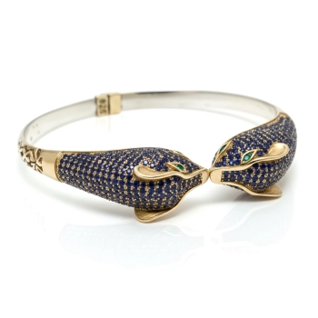 Bransoletka pantery ze srebra 925 i brązu z niebieskimi cyrkoniami