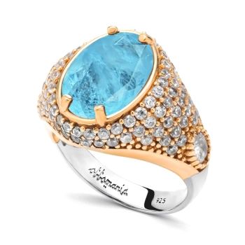 Pierścionek srebrny z niebieskim turmalinem PARAIBA w stylu ottomańskim