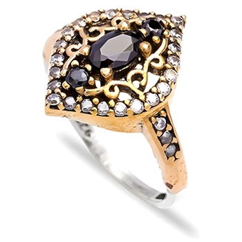 Delikatny pierścień osmański z czarnymi cyrkoniami