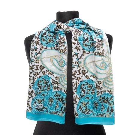 Szal woalowy z Turcji biało-turkusowy z orientalnym wzorem