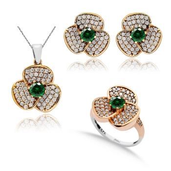 Komplet srebrny ze szmaragdem i cyrkoniami - naszyjnik, kolczyki i pierścionek