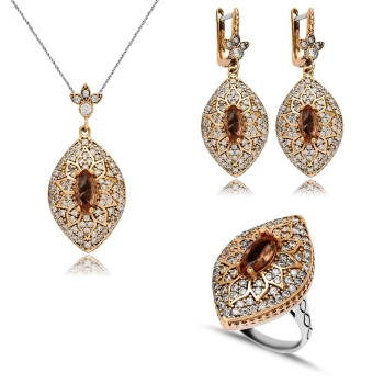 Orientalny owalny komplet srebrny z zultanitem i cyrkoniami