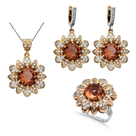 Komplet srebrny w kształcie kwiatów z zultanitem i cyrkoniami