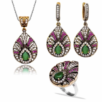 Srebrny komplet szmaragd wtopiony w liściu