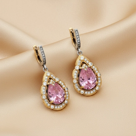 Kolczyki srebrne z różowym topazem i cyrkoniami