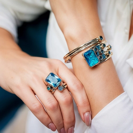 Bransoletka srebrna z prostokątnym błękitnym topazem - Wyprawa przez orient