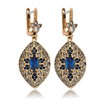 Orientalne owalne kolczyki srebrne z szafirem i cyrkoniami