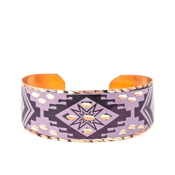 Szeroka bransoletka cuff z czystej miedzi - Wzór geometryczny lawenda/czarny