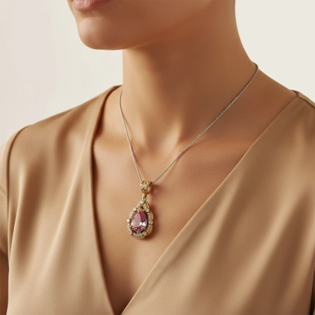 Naszyjnik srebrny z różowym topazem i cyrkoniami