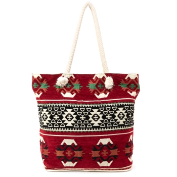 Torba plażowa z tkaniny szenilowej - bordowa z etnicznym wzorem