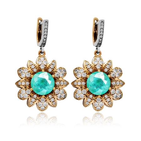 Kolczyki srebrne w kształcie kwiatów z zielonym turmalinem paraiba i cyrkoniami