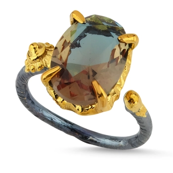 Srebrny pierścionek z dużym owalnym zultanitem - W złotych szponach orientu