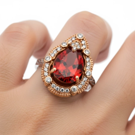 Pierścionek srebrny z granatem i cyrkoniami