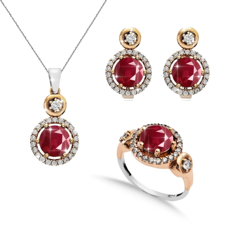 Srebrny komplet biżuterii z rubinem i cyrkoniami