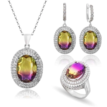 Owalny srebrny komplet z ametrynem