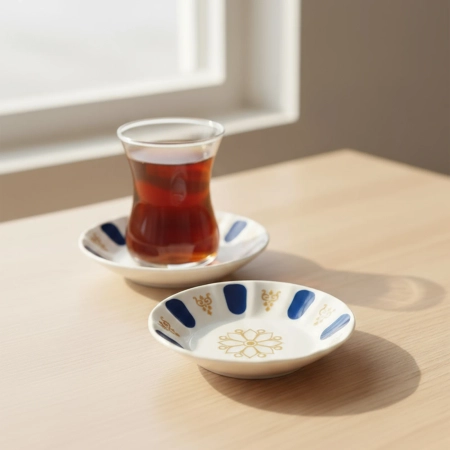 Porcelanowa podstawka pod filiżankę - biało-niebieska ze złotym wzorem 11 cm