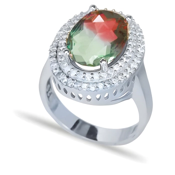 Owalny pierścionek z turmalinem arbuzowym - srebro 925