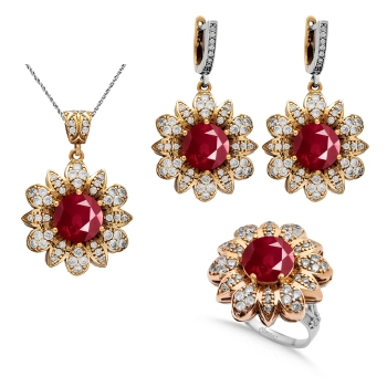 Komplet srebrny w kształcie kwiatu z rubinami i cyrkoniami