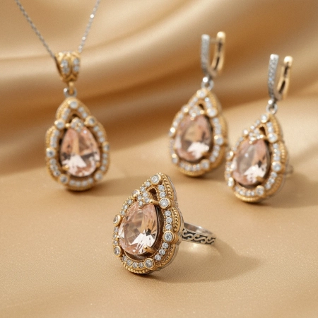 Komplet srebrny z morganitem i cyrkoniami