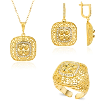 Pozłacany komplet biżuterii ze srebra 925, ażurowy, regulowany - Złoto Haremu