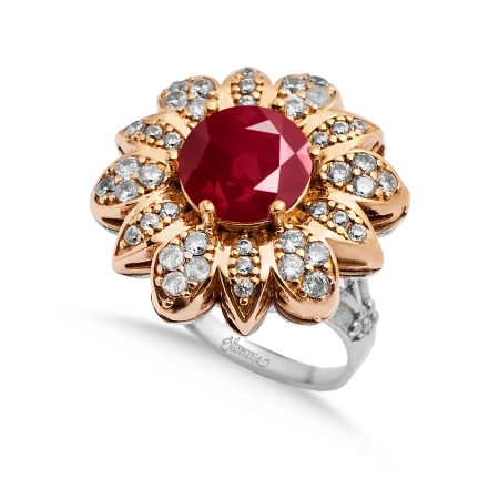 Pierścionek srebrny w kształcie kwiatu z rubinem i cyrkoniami