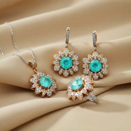 Komplet srebrny z zielonym turmalinem paraiba i cyrkoniami