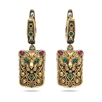 Kolczyki pantery ze srebra 925 i brązu z kolorowymi cyrkoniami