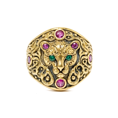 Pierścionek pantery ze srebra 925 i brązu z kolorowymi cyrkoniami