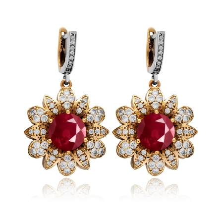 Kolczyki srebrne w kształcie kwiatów z rubinami i cyrkoniami