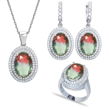 Owalny komplet z turmalinem arbuzowym - srebro 925