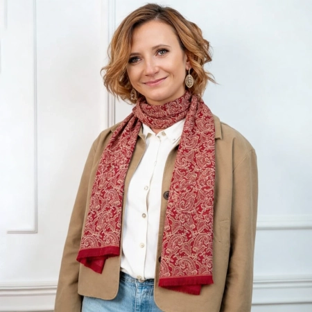 Jedwabny szal - Koronkowy Paisley w Czerwieni
