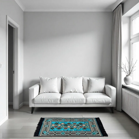 Dywan turecki kilim 90x60 cm - bawełniany, turkusowo-czarny wzór