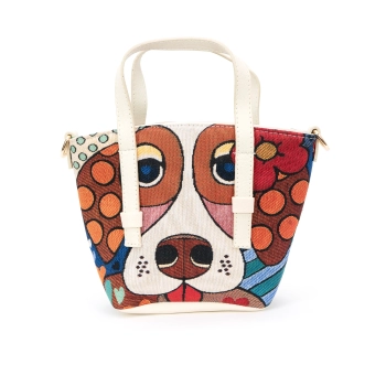 Mała torebka kuferek z gobelinu i ekoskóry - motyw psa