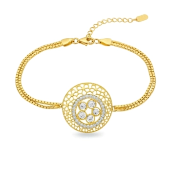 Bransoletka z pozłacanego srebra z ażurowym motywem i cyrkoniami, regulowana - Złoto Haremu