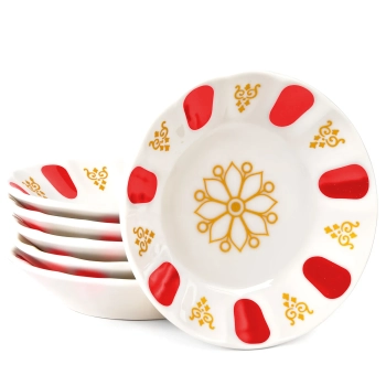 Zestaw 6szt porcelanowych podstawek pod filiżanki 11 cm - biało-czerwone ze złotym wzorem