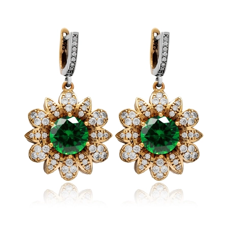 Kolczyki srebrne w kształcie kwiatów ze szmaragdami i cyrkoniami