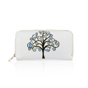 Portfel damski, tkane drzewo szczęścia, biały, duży, na karty