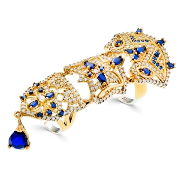 Pierścionek ze srebra 925 na cały palec, regulowany, 3-częściowy, z szafirami