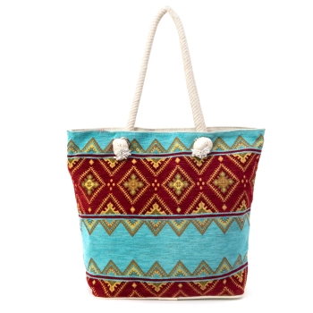 Torba plażowa z tkaniny szenilowej - turkusowo-czerwona z ornamentami