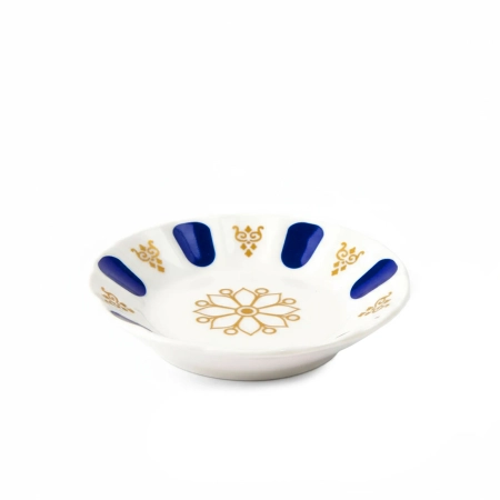 Porcelanowa podstawka pod filiżankę - biało-granatowa ze złotym wzorem 11 cm